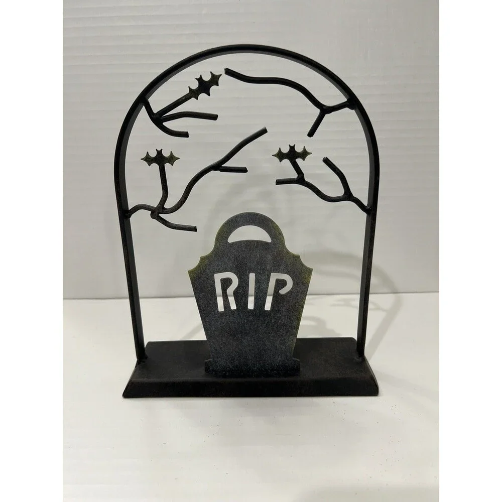Metal Halloween RIP Tealight Candle Holder Black Tombstone Bats Graveyard Spooky